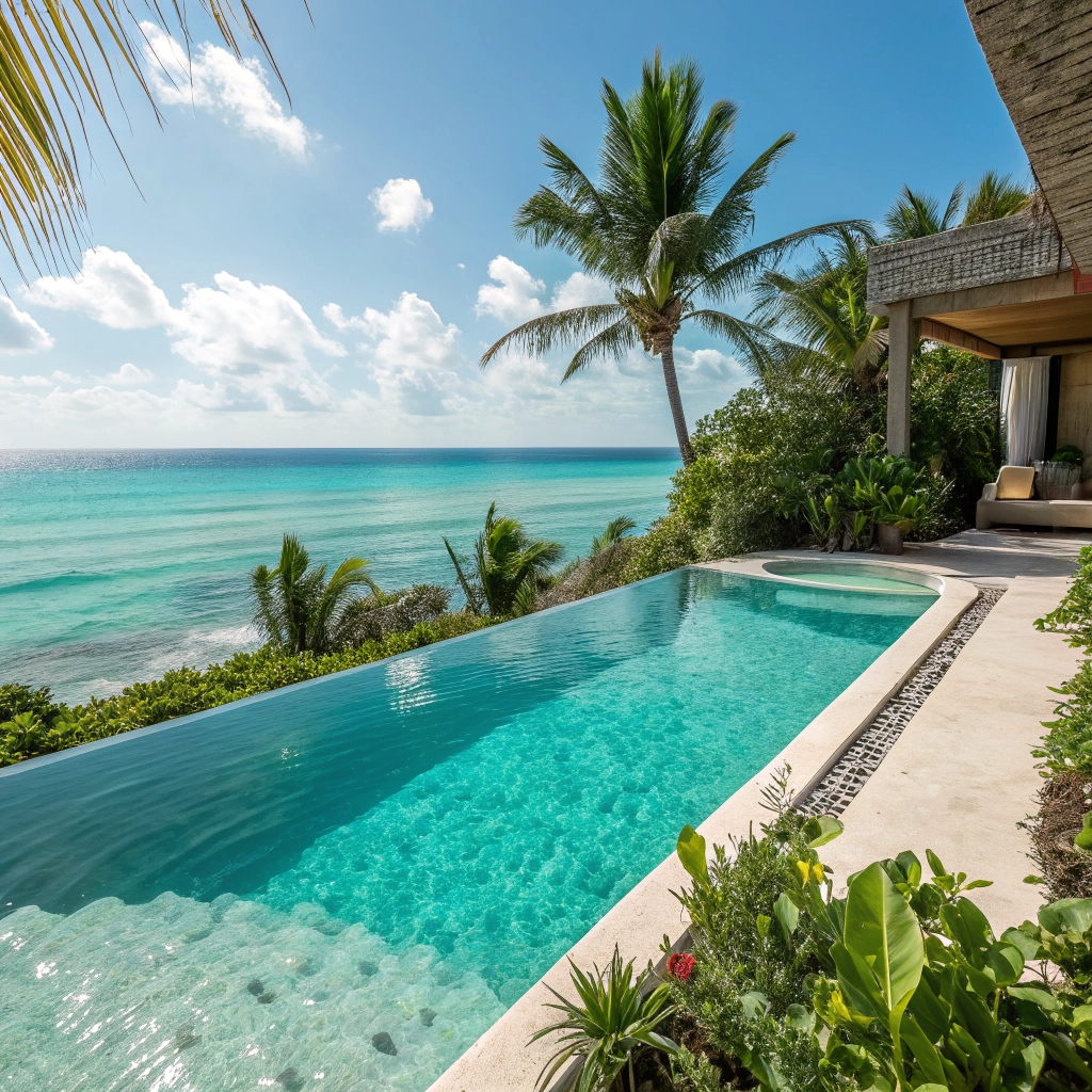 Stunning luxury infinity pool at Tulum Villa overlooking the horizon