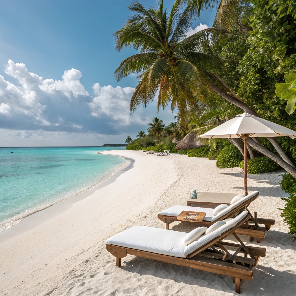 Secluded private white sand beach with elegant lounge setup